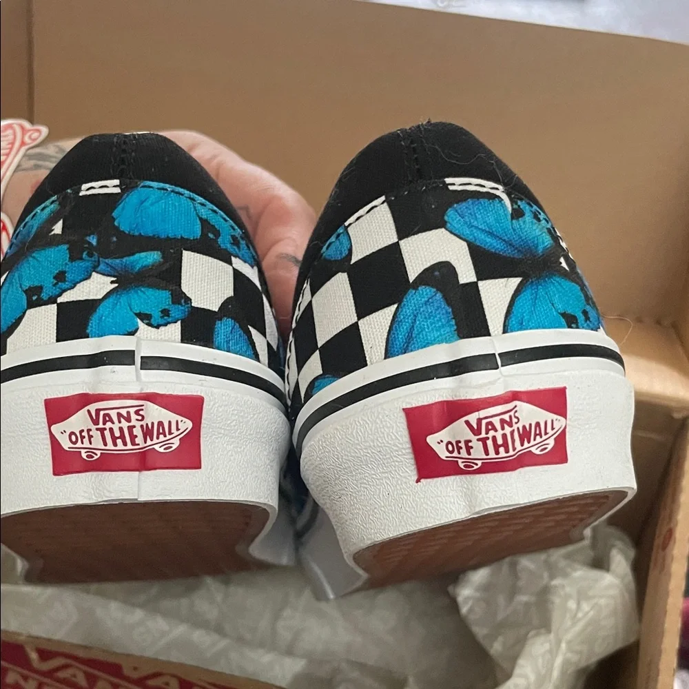 Vans Black and White Checkered Slip-Ons with Blue Butterflies - Picture 3 of 5
